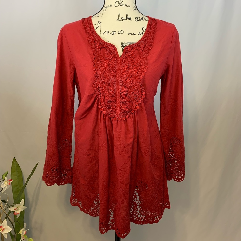 Cinyi Tao Embroidered Red Cotton Bohemian Tunic